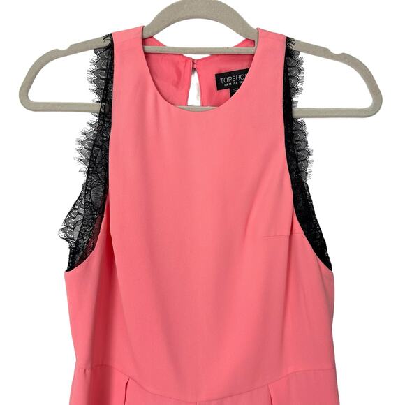 NWT Topshop Pink Sleeveless Romper Keyhole Back Black Lace Trim Sz 6 Boho Chic - Picture 4 of 14